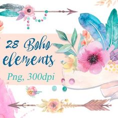 watercolor flowers, feathers and arrows with the words 25 boho elements