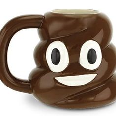 a brown coffee mug with eyes and mouth