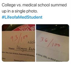 two pictures with the same name on them and one has a note attached to it that says college vs medical school in one picture