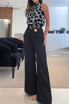 Ingvn - Casual Geometric Print Without Belt Halter Sleeveless Two Pieces(No Belt) Black / S Wide Leg Suits For Women, Wide Belt Outfit, Wide Leg Pants Outfit Dressy, Elegant Pants Outfit, Pants Outfit Dressy, Stylish Tunic Tops, Wide Leg Pants Outfit, Suit Type, Stylish Tunic