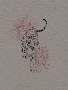 a drawing of a tiger with flowers on it's back