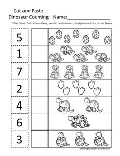 the cut and paste worksheet for numbers 1 - 5 with pictures of dinosaurs