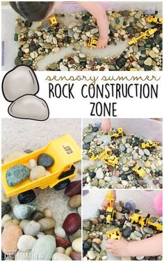 a collage of rocks and construction vehicles with text overlay that says rock construction zone