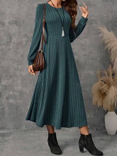 Type:A Line \nSleeve Type:Bishop Sleeve \nStyle:Casual \nHem Shaped:Flared \nWaist Line:High Waist \nNeckline:Round Neck \nColor:Light Grey \nPattern Type:Plain \nSleeve Length:Extra-Long Sleeve \nFit Type:Regular Fit \nLength:Midi \nMaterial:Knitted Fabric \nComposition:96% Polyester \nComposition:4% Elastane \nCare Instructions:Machine wash or professional dry clean \nSheer:No \nFabric:Slight Stretch \nBody:Unlined \n Modest Winter Dress, Modest Winter Dresses, Prom Dresses Long Black, Large Skirt, Womens Winter Dresses, Sleeve Long Dress, Dresses Winter, Dresses Fall, Dress Design Patterns