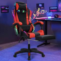 an office chair with colorful lights and music notes on the armrests in front of a desk