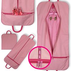 a pink garment bag with two zippers on the front and one has an open pocket for shoes