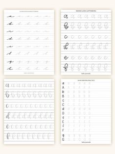 four different types of handwriting paper with cursive letters and numbers on each page