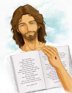 a man with long hair and blue eyes is holding an open book in his hands