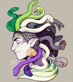 a drawing of a woman with snakes on her head