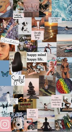 a collage of photos with words and pictures on them that say happy mind, happy life