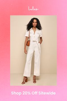 If you want to stay comfortable while looking cute, then the Lulus Practical Perfection Ivory Twill Short Sleeve Jumpsuit was made for you! Slightly stretchy woven twill shapes this trendy jumpsuit that has a collared neckline framed by short cuffed sleeves. Bodice has decorative, twin pocket flaps at the front with a functional button placket. Fitted waist features belt loops, a tying sash belt, and a hidden zip fly, all atop straight pant legs with diagonal side pockets and ankle-length hems. Decorative back welt pockets complete the look. Fit: This garment fits true to size. Length: Ankle length. Size medium measures 57.5" from shoulder to hem. Inseam: 30.00 Front Rise: 12.50 Bust: Great for any cup size. Waist: Loosely Fitted. Hip: Loosely Fitted. Undergarments: May be worn with any st Trendy Collared Cotton Jumpsuits And Rompers, Trendy Cotton Collared Jumpsuits And Rompers, Trendy Collared Denim Jumpsuit For Summer, Chic Denim Jumpsuit For Summer Workwear, Fitted Collared Denim Jumpsuit For Summer, Chic Cotton Jumpsuits For Work, Chic Collared Jumpsuits And Rompers For Summer, Chic Beige Jumpsuits And Rompers For Day Out, Chic Cotton Jumpsuits And Rompers For Work