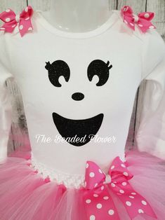 "Halloween Orders Last day to order for guarantee delivery for halloween will be Oct. 22. Thank you. This adorable ghost costume will look adorable on any little one. Please select the size needed when ordering. Top will be a long sleeve bodysuit/shirt with a glitter vinyl ghost face image on the front. The tutu skirt will be a mixture of pink tulle made on a crochet band with two layers and a removable bow on an alligator clip. Please add in the personalized box if you want the shoulder bows ad Cute Halloween Costume Tutu Dress, Cute Tutu Dress For Halloween Costume, Fitted Tutu Dress For Birthday Halloween, Pink Fitted Tutu Dress For Halloween, Donut Themed Birthday Party, Pink Tutu Skirt, Green Tutu, Ghost Ghost, Baby Costumes Girl