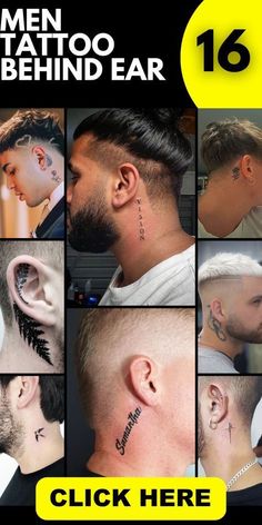 men with tattoos behind their ears are shown in this advert for the magazine, click here