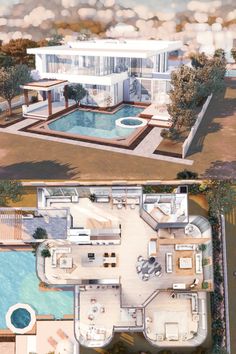 an aerial view of a house and pool