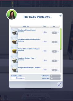 the menu for dairy products is displayed in this screenshot from an interactive video game