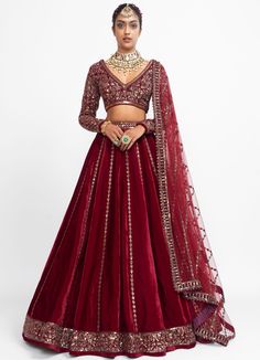 Maroon Kalidar Lehenga Set Vvani by Vani Vats - Fabilicious Fashion Maroon Lehenga, Vani Vats, Velvet Dupatta, Velvet Lehenga, Lehenga Dupatta, Full Sleeve Blouse, Net Blouses, Red Lehenga, Lehenga Designs