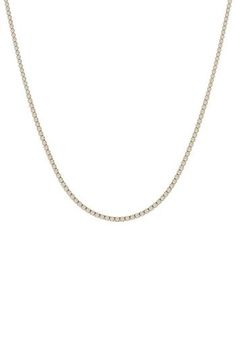 Set asparkle by 131 round-cut lab-created diamonds, this tennis necklace crafted from 18-karat gold adds a subtle but fiery finish to any ensemble. 14" length Push-clasp closure Total lab-created-diamond weight: 4ct. Color: G Clarity: VS 18k gold/lab-created diamond Imported >Diamond Guide Elegant 14k Gold Tennis Necklace With Diamond Cut, Yellow Gold Tennis Necklace With Cubic Zirconia, Single Strand Diamond Tennis Necklace, Dazzling Yellow Gold Tennis Necklace With Single Cut Diamonds, Diamond Cut Yellow Gold Diamond Tennis Necklace, Yellow Gold Diamond Cut Cubic Zirconia Tennis Necklace, Yellow Gold Diamond Tennis Necklace With Round Cut, Dazzling Yellow Gold Tennis Necklace With Brilliant Cut, Dazzling Diamond Cut Yellow Gold Tennis Necklace