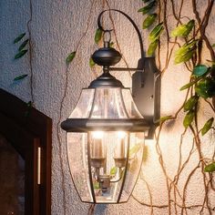 an outdoor wall light on the side of a building with vines growing up against it