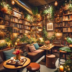 a living room filled with lots of furniture and bookshelves covered in greenery