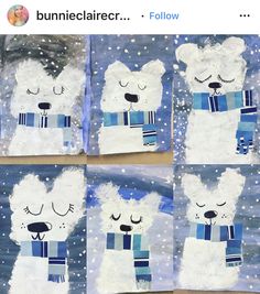 four polar bear pictures with blue and white scarfs