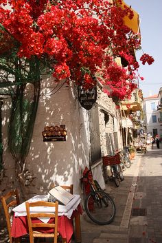 an alleyway with tables, chairs and red flowers on the trees in front of it