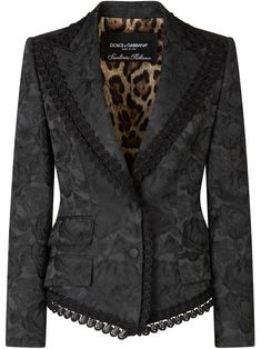 Black single-breasted brocade jacket from DOLCE & GABBANA featuring notched lapels, front button fastening, long sleeves, brocade pattern and front flap pockets. | Dolce & Gabbana Single-Breasted Brocade Jacket Long Suit Jacket, Brocade Jacket, Brocade Pattern, Woman Suit Fashion, Wardrobe Edit, Womens Blazers, Abayas Fashion, Blazer Fashion, Jacket Design