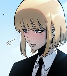 an anime character with blonde hair wearing a black suit and tie, staring at the camera