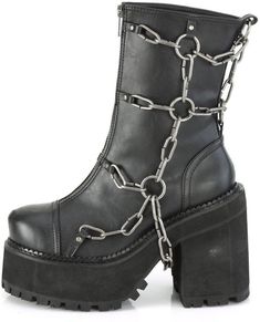 4 3/4" Heel, 2 1/4" Platform Ankle Boot, Front Zipper - Fit Guide: True To Size - Heel Specifications: 4 3/4" Heel, 2 1/4" Platform - Country of Origin: Imported - Brand: Demonia Edgy Chain Boots For Streetwear, Punk Style Chain Boots For Streetwear, Chain Boots, Demonia Boots, Demonia Shoes, Black Vegan, Platform Ankle Boots, Biker Boots, 4 Inch Heels