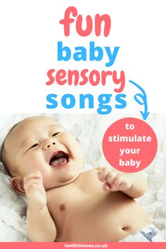 a baby laying on top of a bed with the words fun baby sensory songs