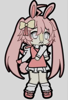 a drawing of a girl with pink hair and bunny ears, holding an object in her hand