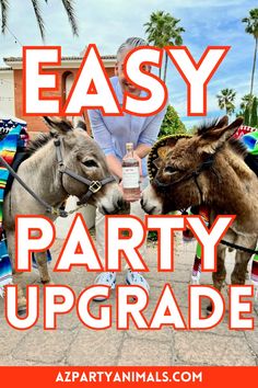 two donkeys standing next to each other with the words easy party upgrade on them