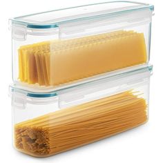 two clear storage containers with pasta noodles in them and one is filled with cheddar cheese