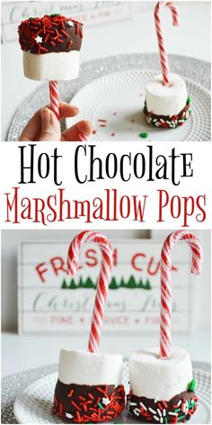 hot chocolate marshmallow pops on a plate with candy canes