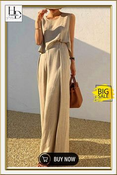 Diy Khaki O-neck Vests and Wide Leg Pants Two Pieces Set Summer Trousers Outfit Summer, Summer Suit Women, Estilo Harajuku, Trouser Outfit, Sleeveless Suit, Two Piece Pants Set, Linen Casual, Linen Suit, Long Trousers