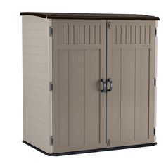 an outdoor storage shed with two doors on each side and one door open to reveal the inside