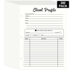 the client profile sheet is shown in black and white