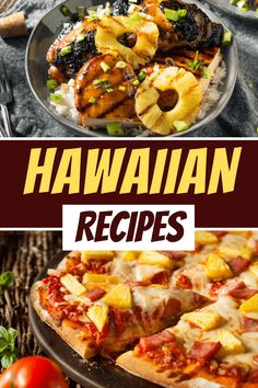 hawaiian food with pineapples, chicken and other foods on the table in front of it