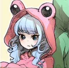 a drawing of a girl wearing a pink hoodie with big eyes and long gray hair