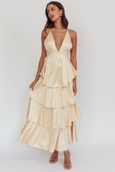 Auguste Tiered Frill Strappy Back Dress Butter Strappy Back Dress, Yellow Bridesmaid, Selfie Leslie, Yellow Bridesmaid Dresses, Yellow Bridesmaids, Wedding 2025, Ruffle Midi Dress, Grad Dresses, Lace Bodycon Dress