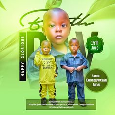 an advertisement with two children in yellow and green clothing, one is wearing a blue shirt