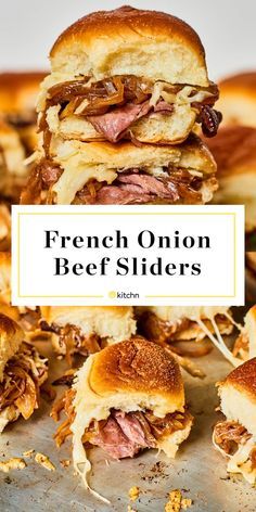 french onion beef sliders stacked on top of each other with the title overlay