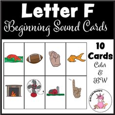 the letter f is for beginning sound cards with pictures of items and words on them