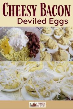 the cover of cheesy bacon deviled eggs, with pictures of different ingredients