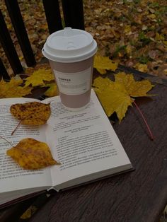 an open book and coffee cup sitting on a bench in the fall with fallen leaves