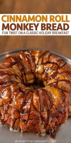 a cinnamon roll monkey bread on a metal platter with text overlay that reads, fun twist on a classic holiday breakfast