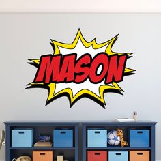 a wall decal with the word mason in red and yellow on it's side