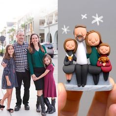 a man and woman holding up a small family figurine