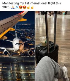 a man sitting next to an airplane with his feet on the ground and another photo of him