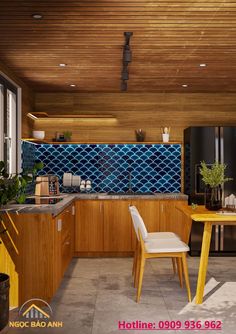 a kitchen with wooden cabinets and blue tile backsplash