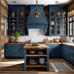 a kitchen with blue cabinets and wooden floors